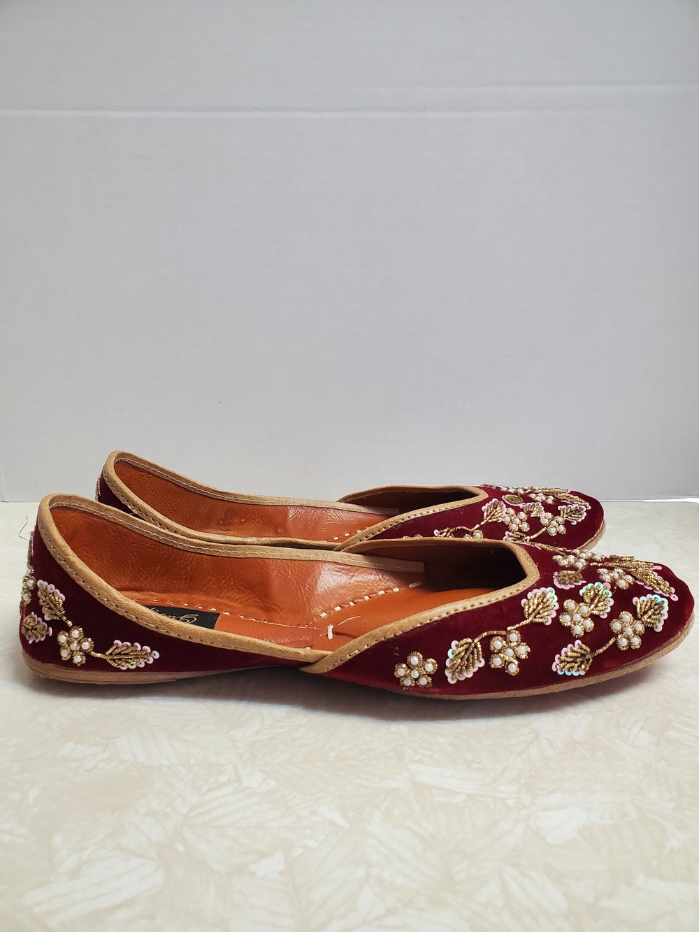 Hand Crafted  Velvet Embellished Flats with Pearl Floral Silk Thread Detail